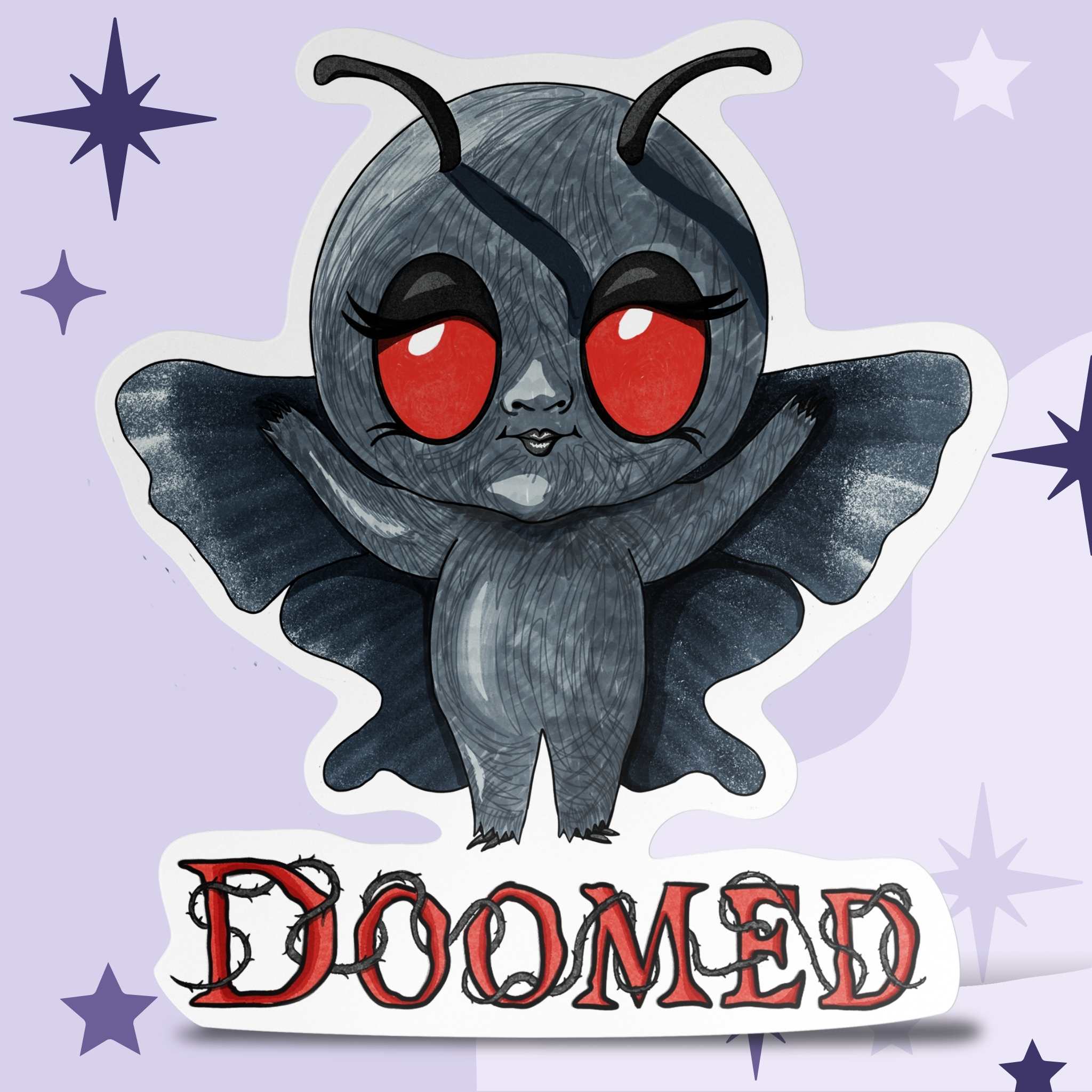 Chibi Mothman sticker with glowing red eyes and moth wings above bramble DOOMED lettering on a lavender starry background