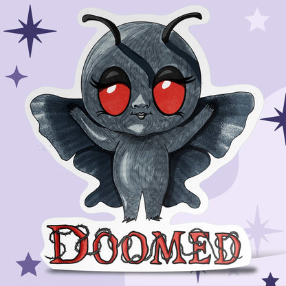 Chibi Mothman sticker with glowing red eyes and moth wings above bramble DOOMED lettering on a lavender starry background
