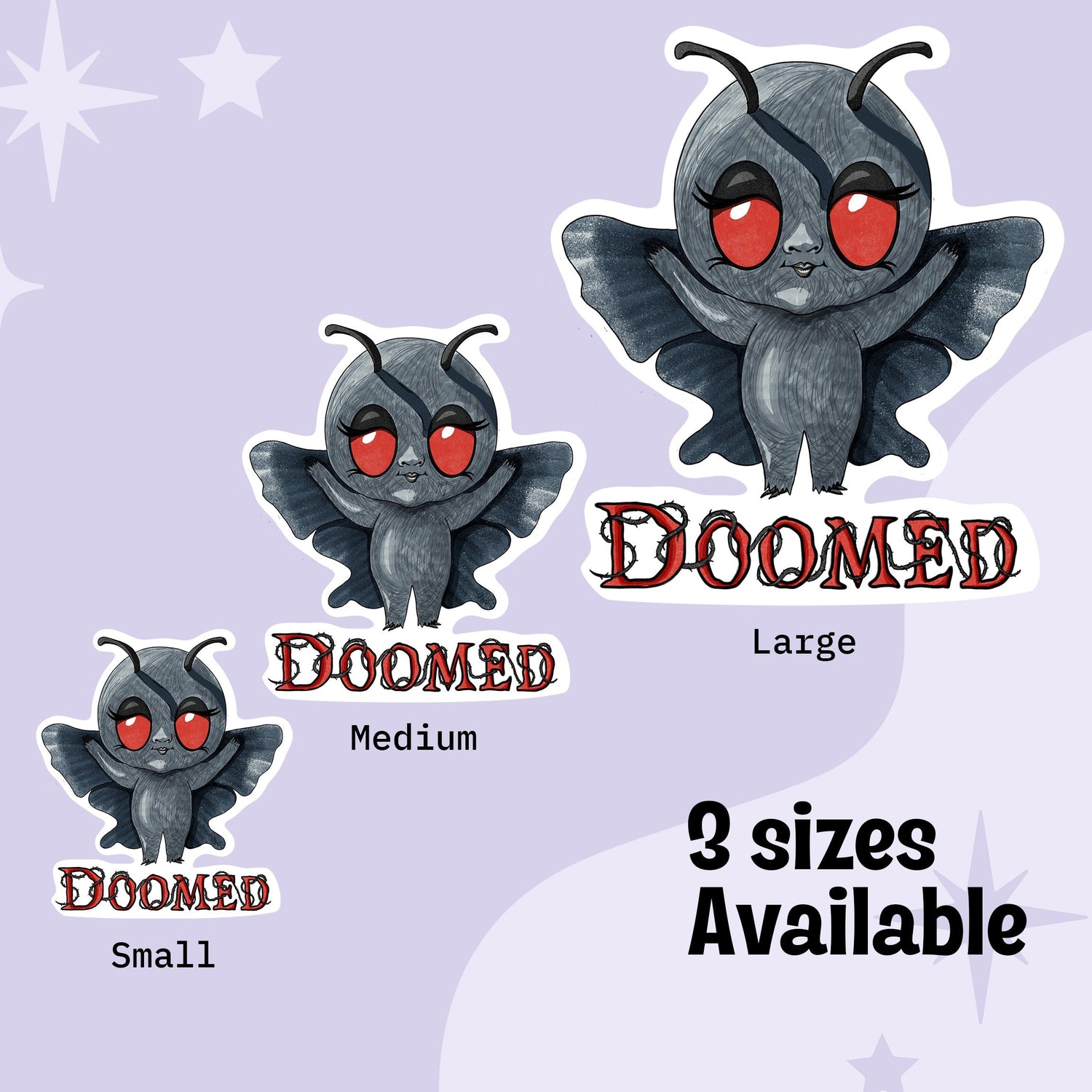 Chibi Mothman cryptid sticker shown in small, medium, and large sizes on a lavender background