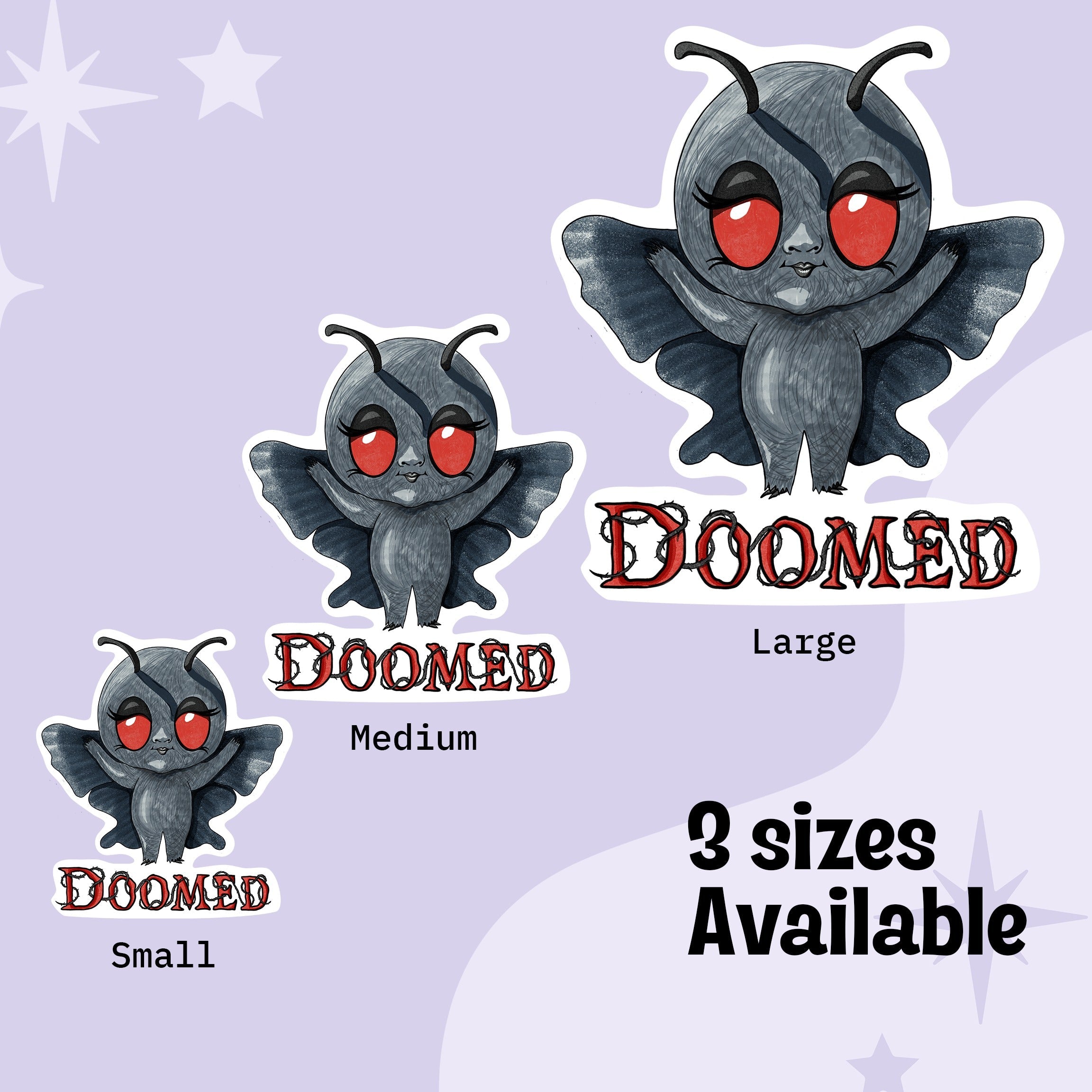 Chibi Mothman cryptid sticker shown in small, medium, and large sizes on a lavender background