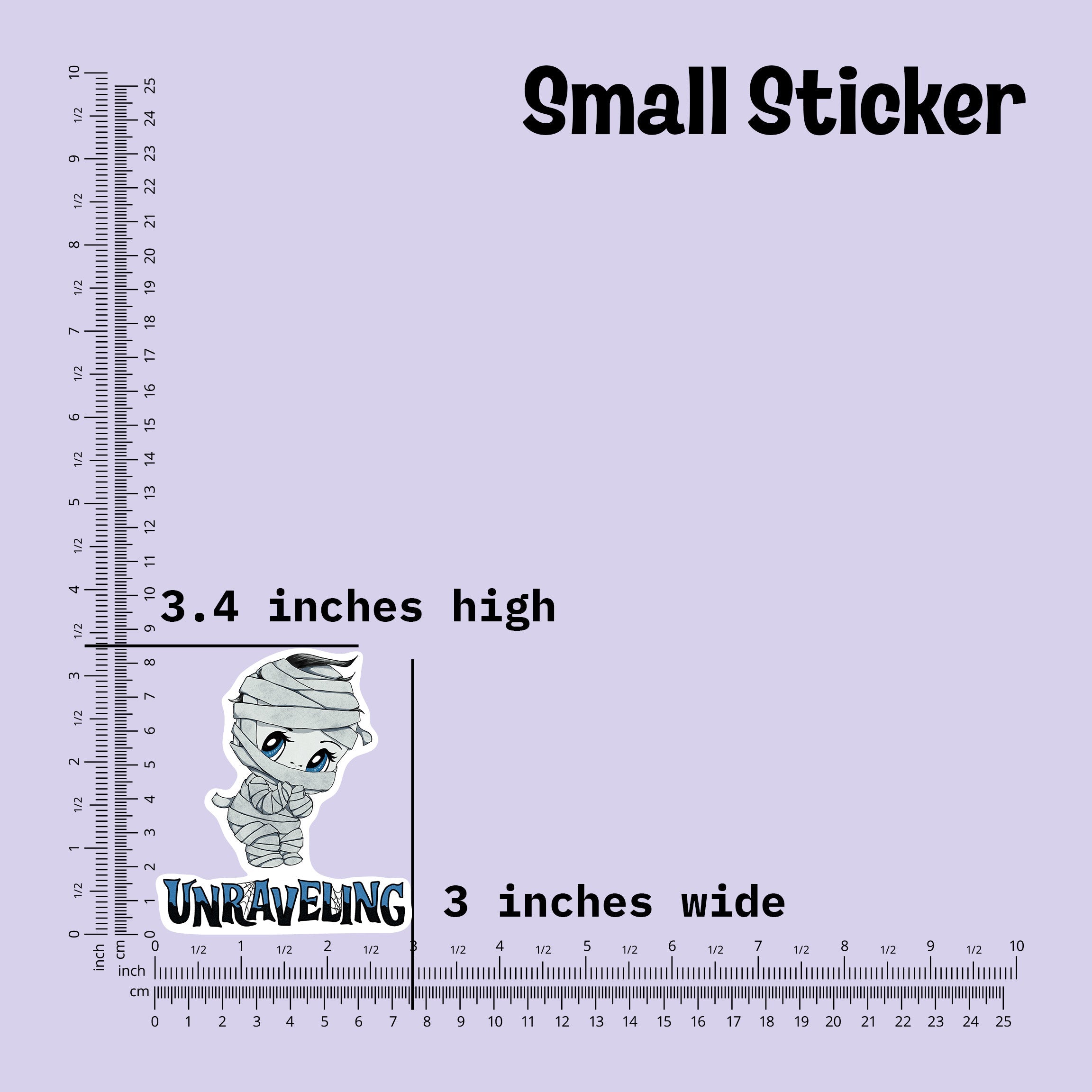 Small mummy sticker measured at 3.4 inches high and 3 inches wide