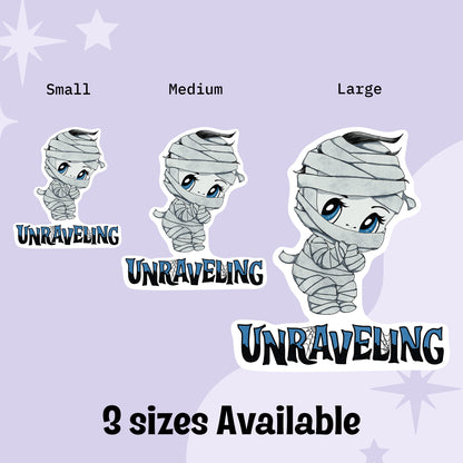 Chibi mummy sticker shown in small, medium, and large sizes on a lavender starry background