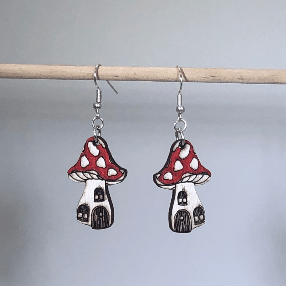Mushroom House Wooden Dangle Earrings - - Cate&