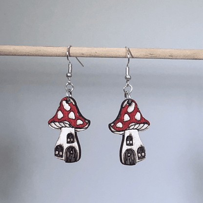 Mushroom House Wooden Dangle Earrings - - Cate&