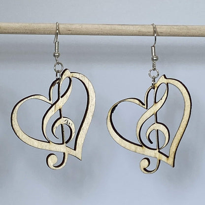Music Treble Clef Heart Wooden Dangle Earrings - - Cate&