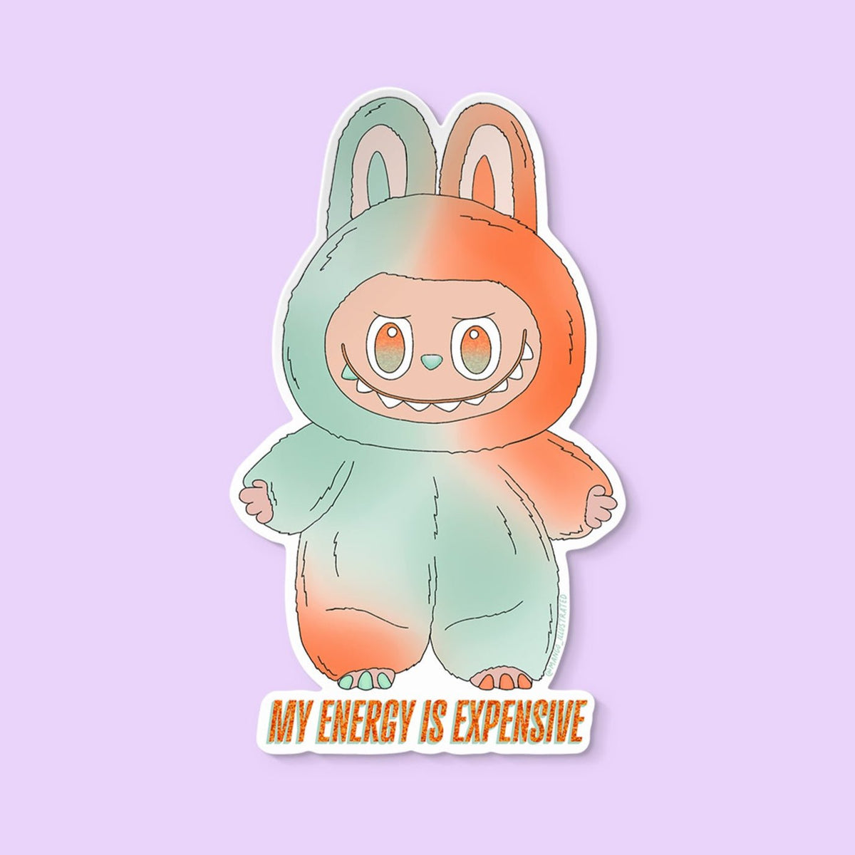 My Energy is Expensive Monster sticker flat lay — colorful monster vinyl sticker for laptops, water bottles and planners by indie artist MangoIllustrated