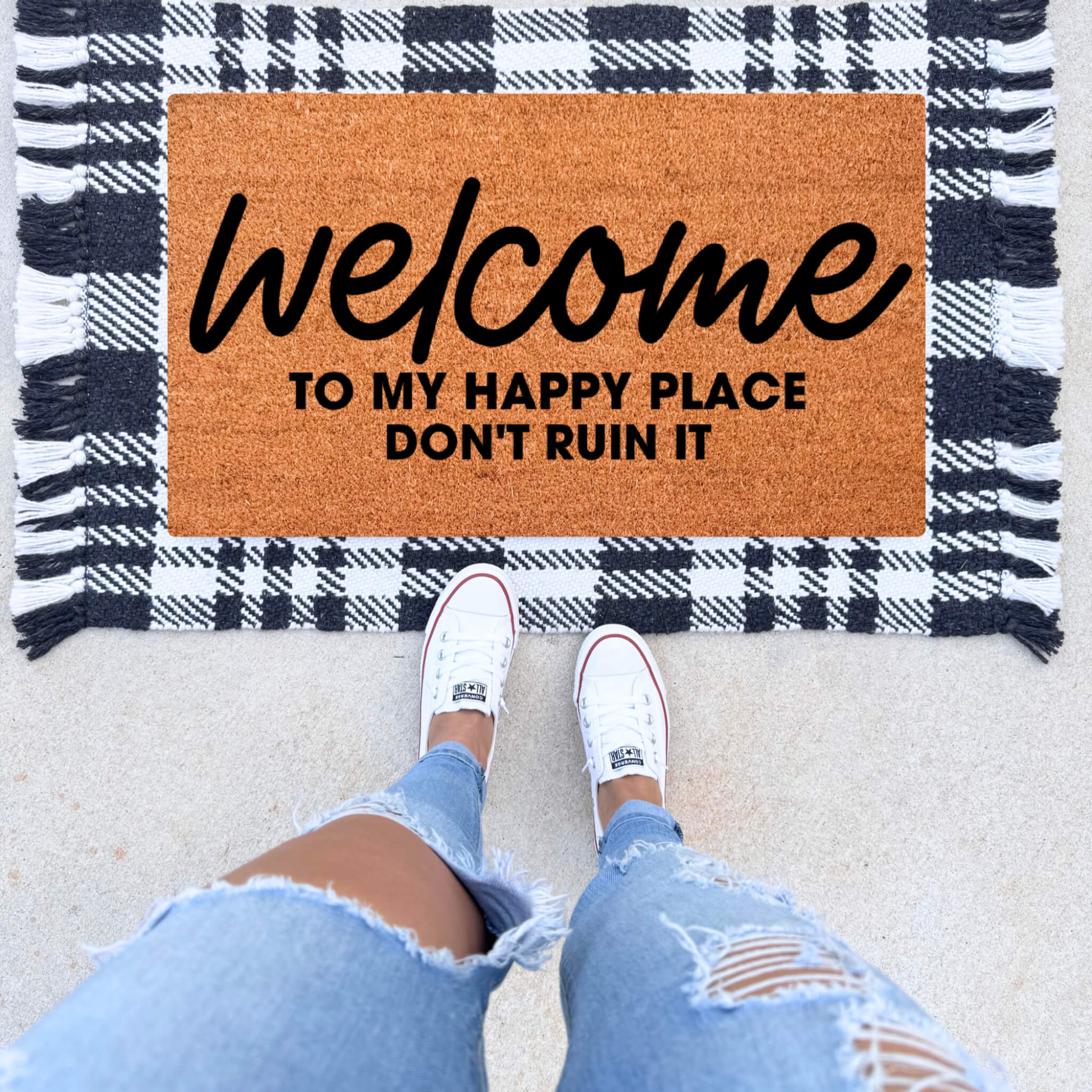 Welcome to My Happy Place Doormat on front porch