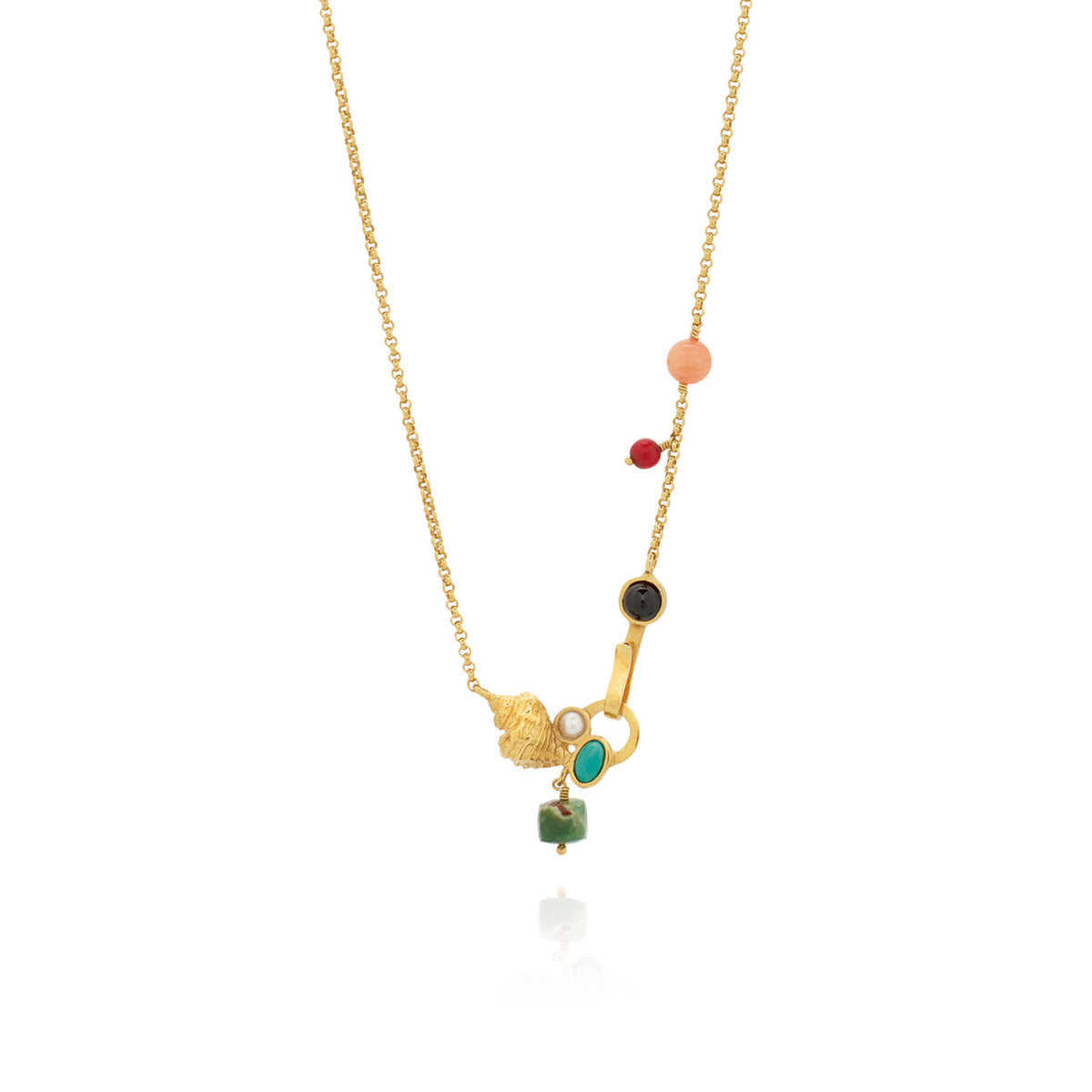 Gold chain necklace with varied natural stones and a conch shell, front closure, handmade in portugal, ethical online jewelry in chicago 