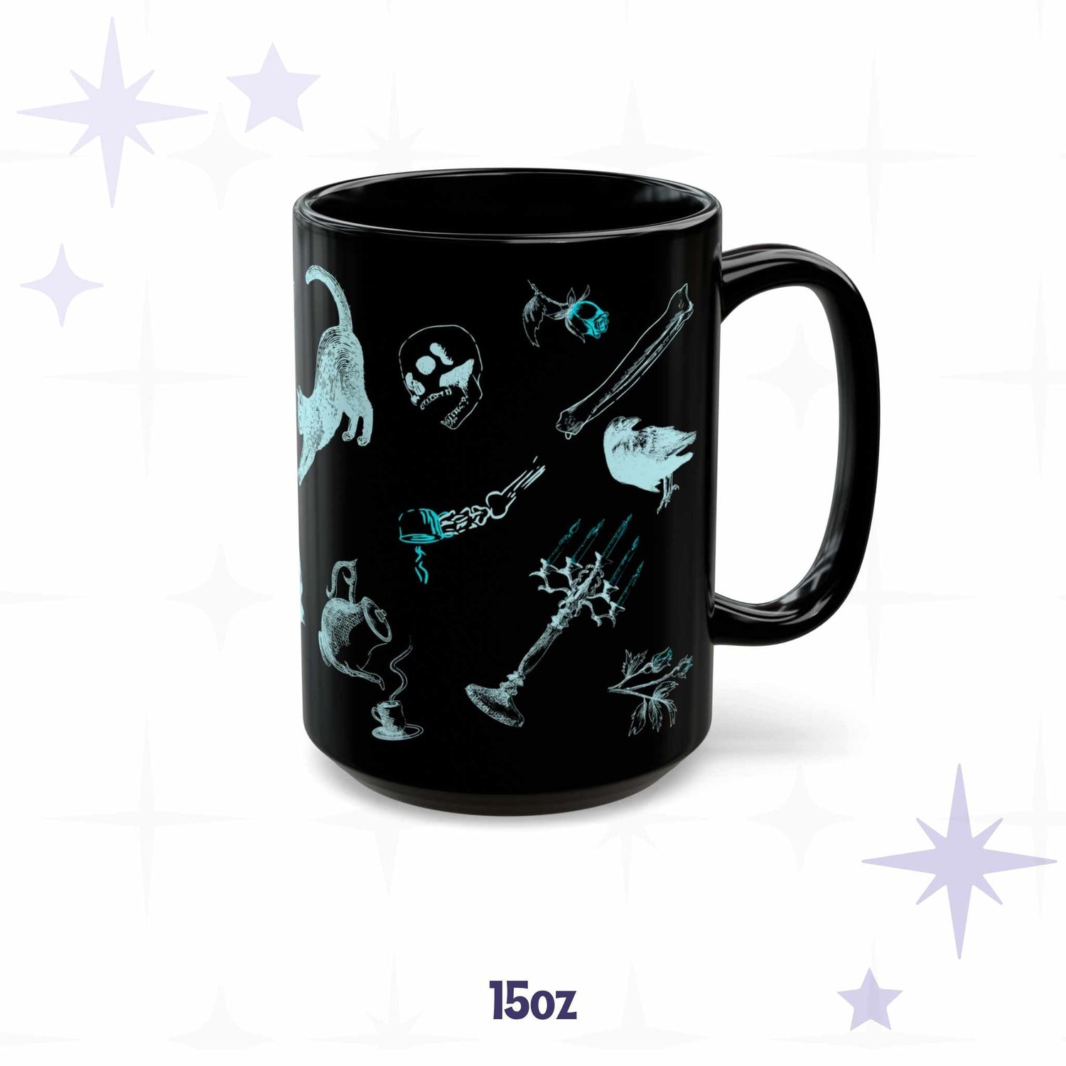 15 oz neon goth mug showing a stretching black cat, a raven, a skeletal hand with a teacup, and a lit candelabra
