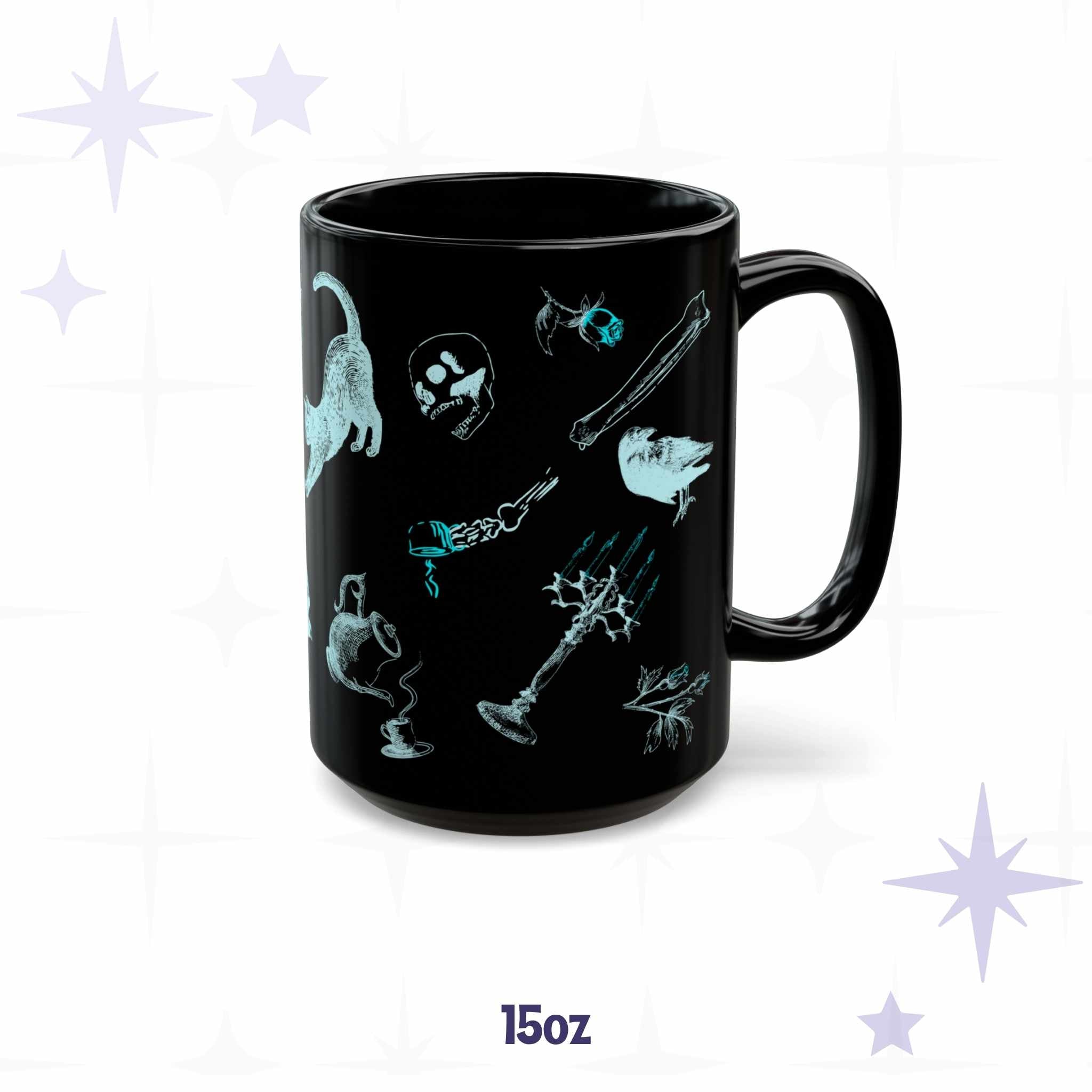 15 oz neon goth mug showing a stretching black cat, a raven, a skeletal hand with a teacup, and a lit candelabra