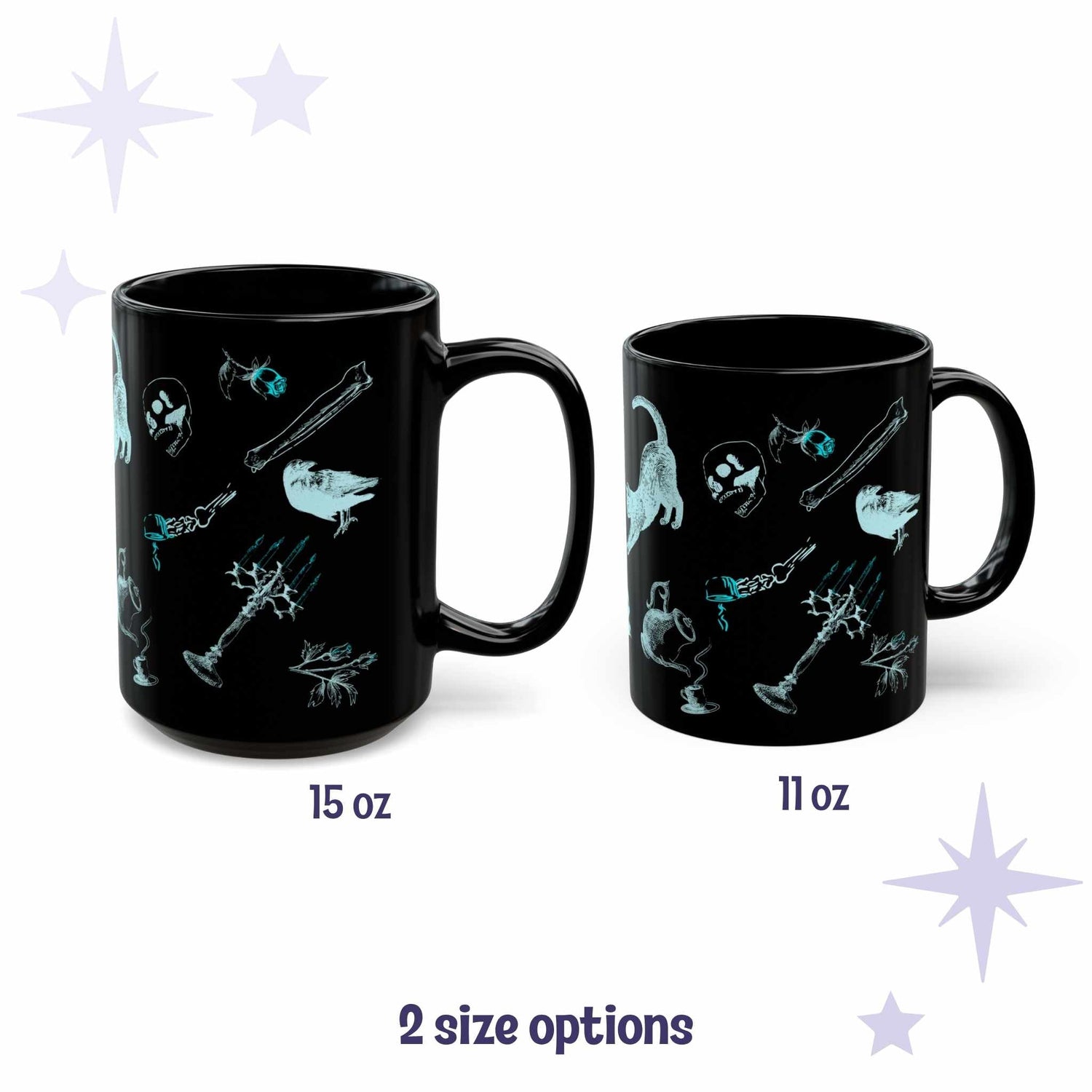 Cybergoth zombie icons mug shown in 15 oz and 11 oz sizes side by side on a white background