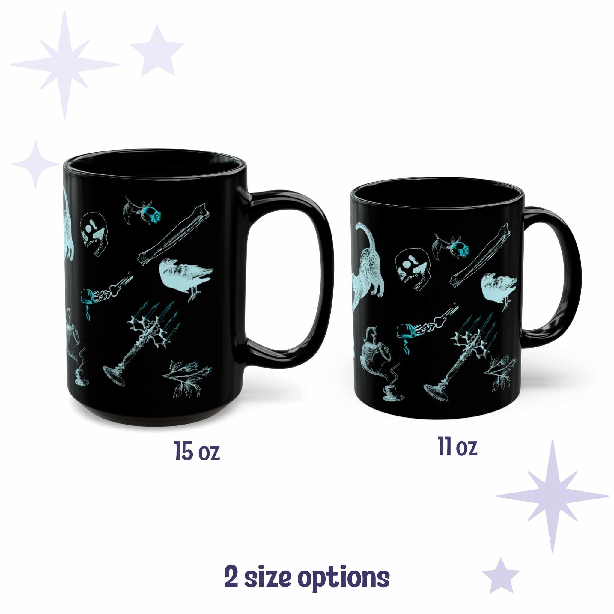 Cybergoth zombie icons mug shown in 15 oz and 11 oz sizes side by side on a white background