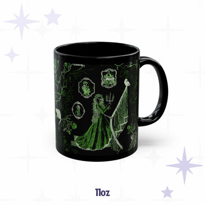 11 oz neon green toile mug with cameo portraits, a raven on the newel post, and a rib cage in the roses
