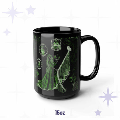 15 oz green zombie toile mug showing a dead debutante in a ball gown with a lit candelabra on a grand staircase