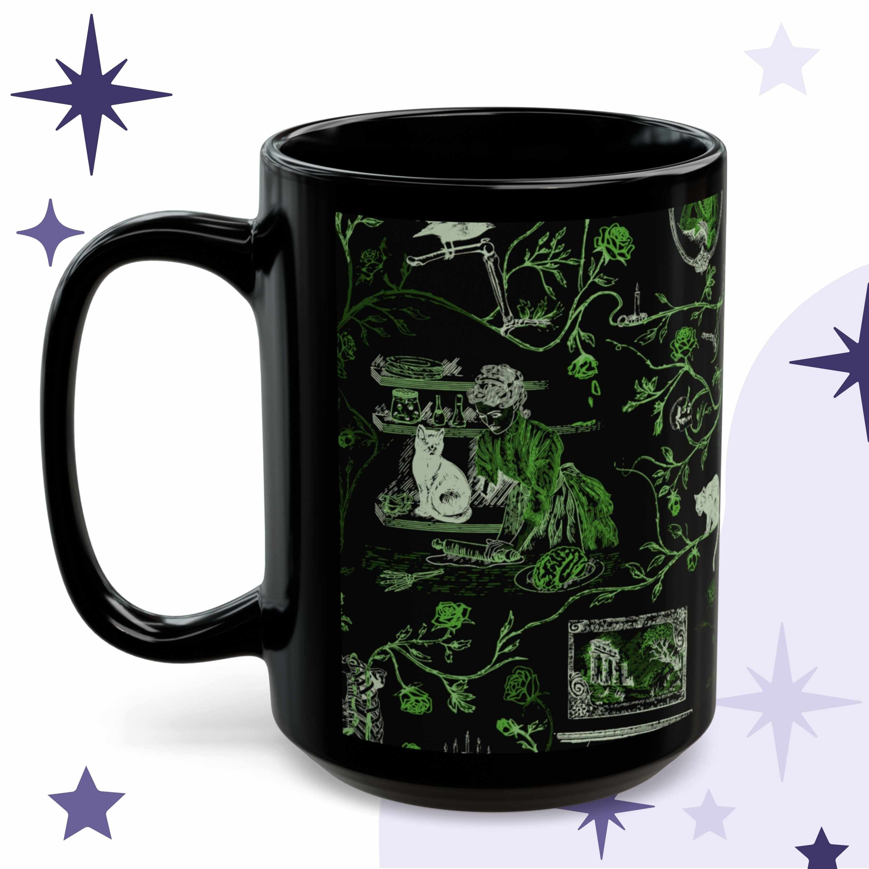 Neon green zombie toile mug in black ceramic showing an undead hostess in a kitchen with a white cat, jars on a shelf, and a brain on a plate