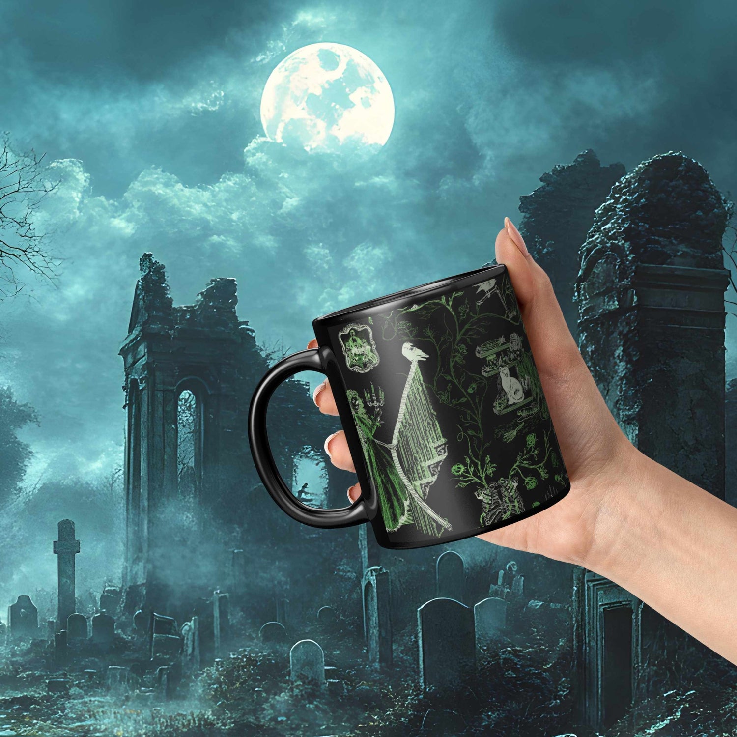 Domestic Zombie Toile Mug, Neon Green