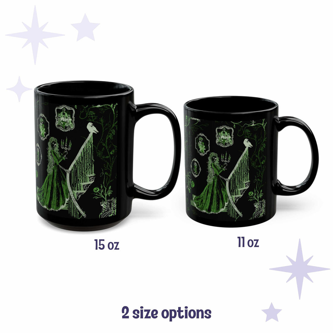 Green Victorian zombie toile mug shown in 15 oz and 11 oz sizes side by side