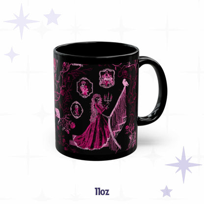 11 oz neon pink toile mug with cameo portraits, a raven on the newel post, and a rib cage on glossy black
