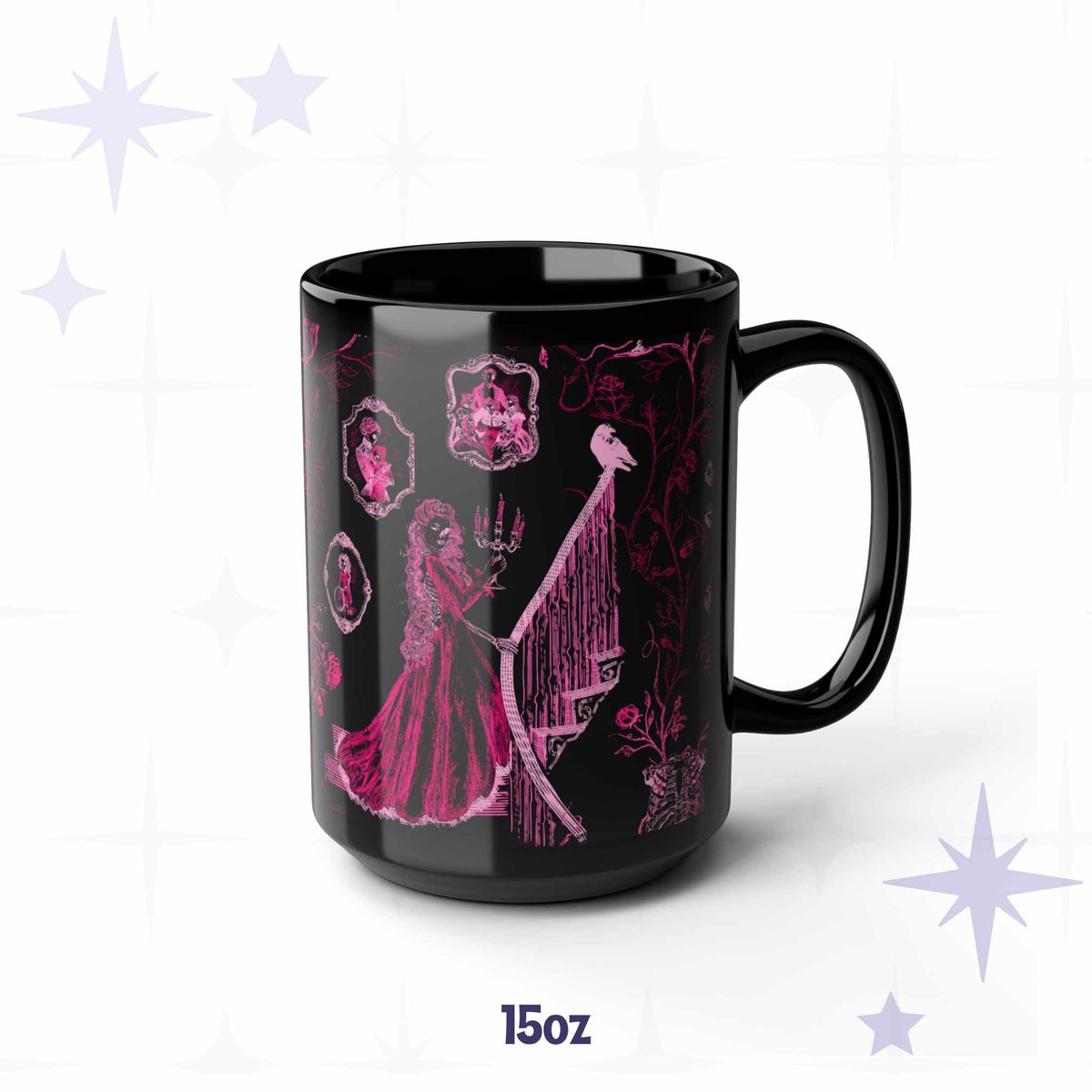15 oz pink zombie toile mug showing a dead debutante in a ball gown with a lit candelabra on a grand staircase