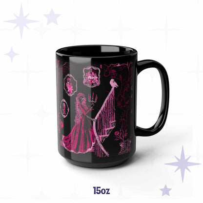 15 oz pink zombie toile mug showing a dead debutante in a ball gown with a lit candelabra on a grand staircase