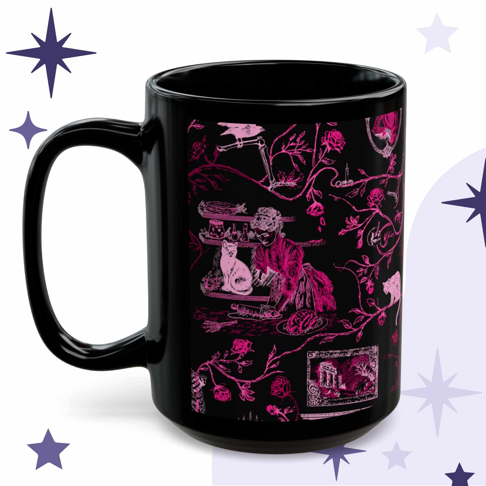 Neon pink zombie toile mug in black ceramic showing an undead hostess at a kitchen table with a cat, specimen jars, and brains on a plate