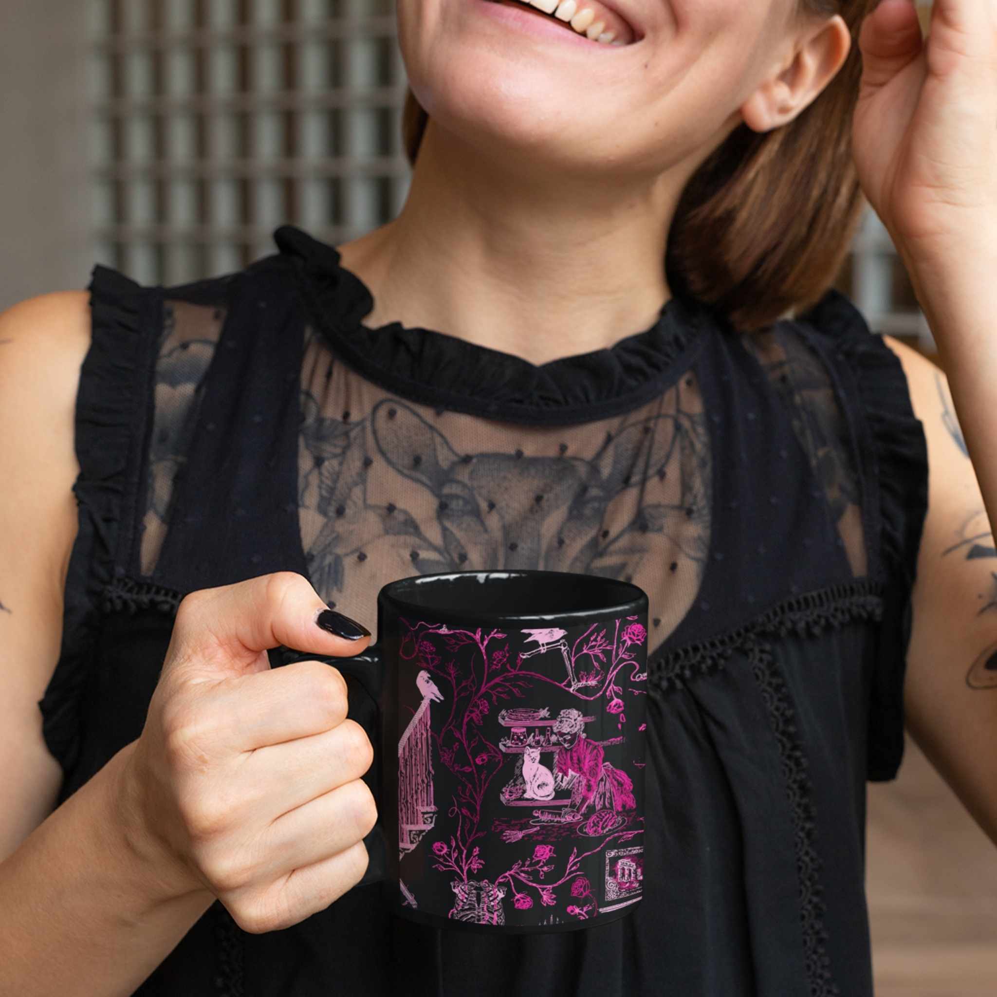 Domestic Zombie Toile Mug, Neon Pink