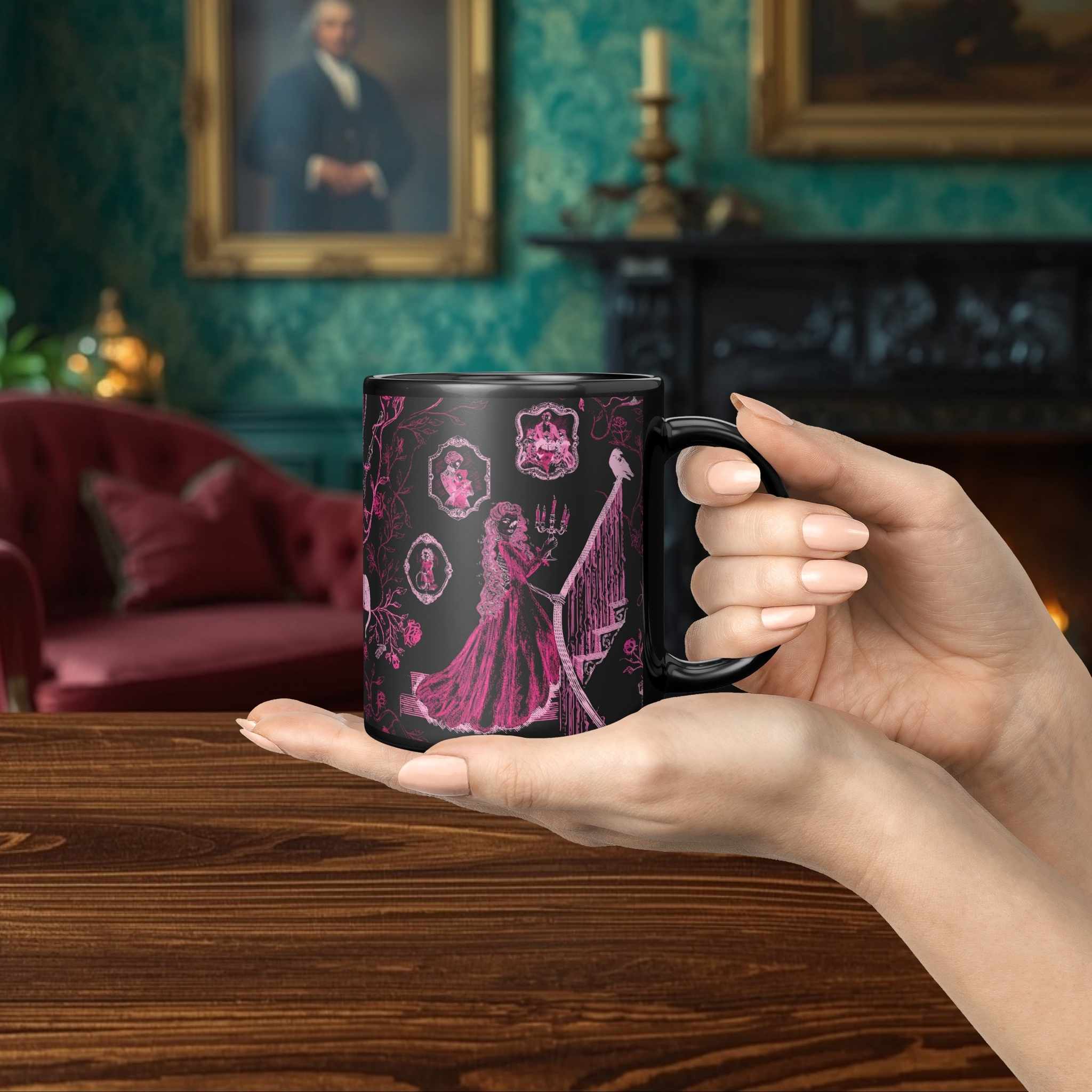 Domestic Zombie Toile Mug, Neon Pink