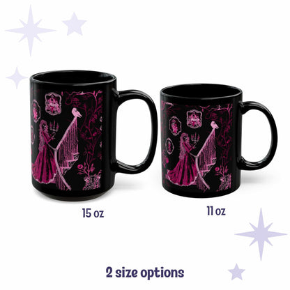 Pink Victorian zombie toile mug shown in 15 oz and 11 oz sizes side by side