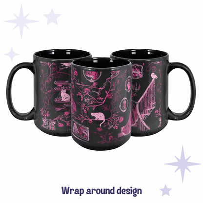 Three black ceramic mugs arranged to show the full wrap around magenta Victorian zombie toile pattern