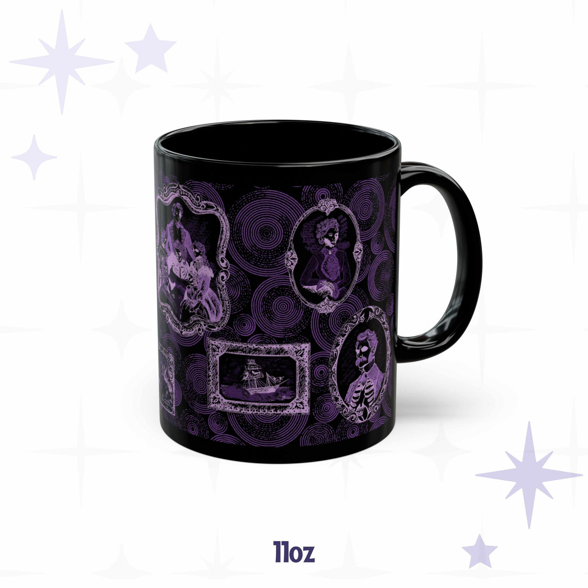 11 oz neon purple portrait mug with a skeletal family group, a ghost ship, and a spiral wallpaper ground