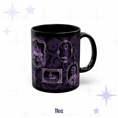 11 oz neon purple portrait mug with a skeletal family group, a ghost ship, and a spiral wallpaper ground