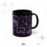 11 oz neon purple portrait mug with a skeletal family group, a ghost ship, and a spiral wallpaper ground