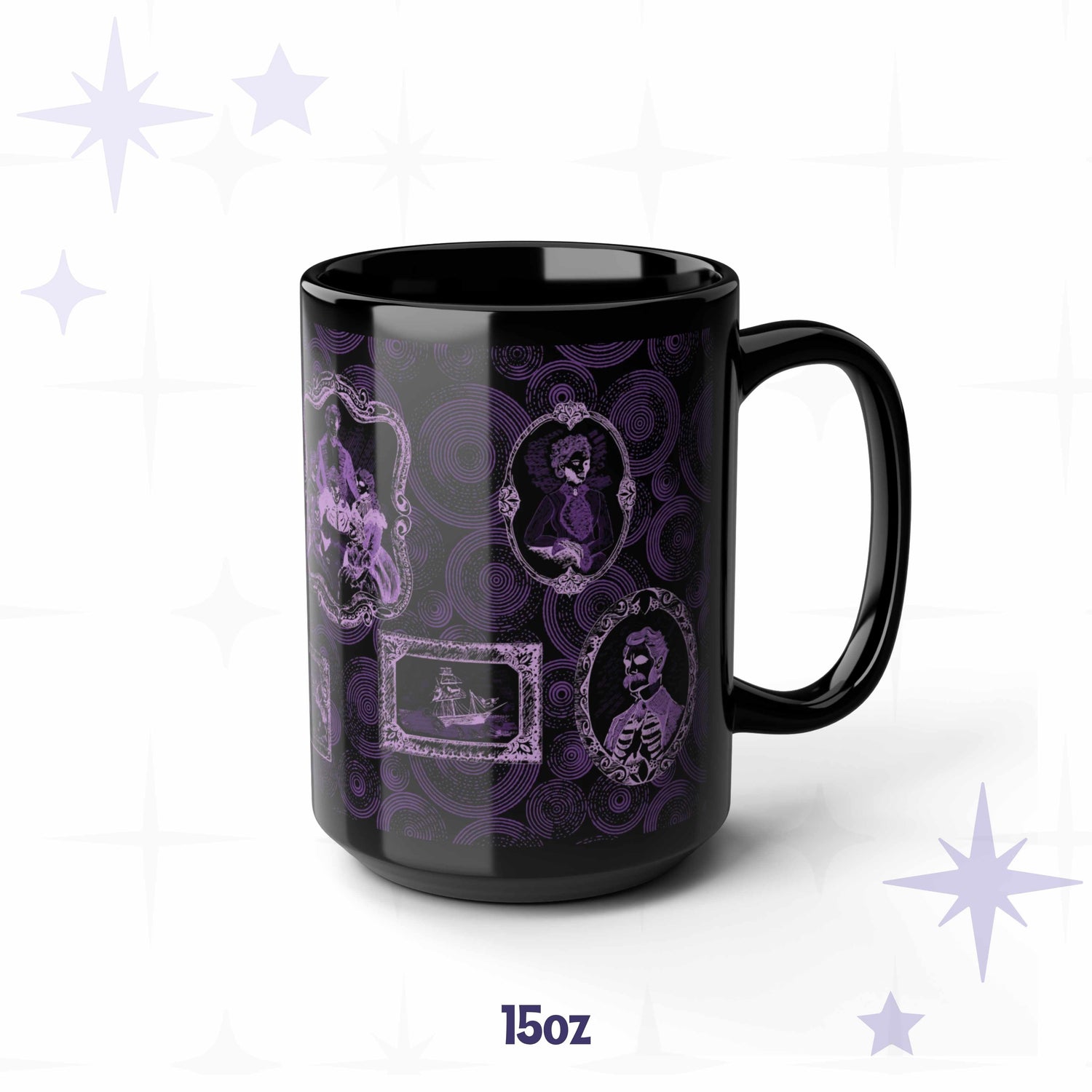 15 oz purple portrait gallery mug showing an undead matriarch, a ribcage gentleman, and a ghost ship in ornate frames