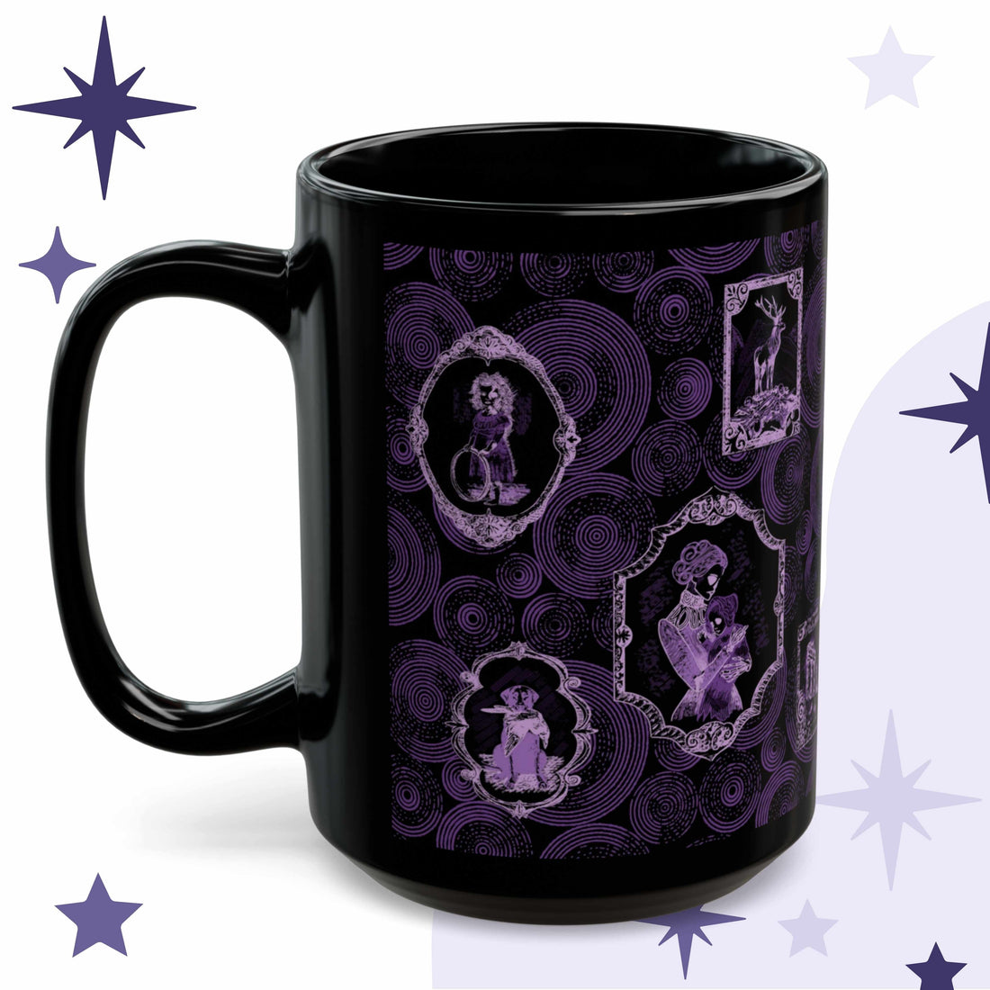 Neon purple zombie portrait gallery mug in black ceramic with Victorian frames holding a child with a hoop, a stag on bones, and a dog with a dead raven