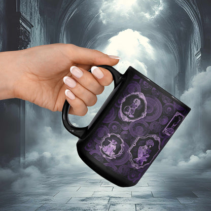 Hand holding a purple zombie portrait mug in a misty stone archway under a bright moon