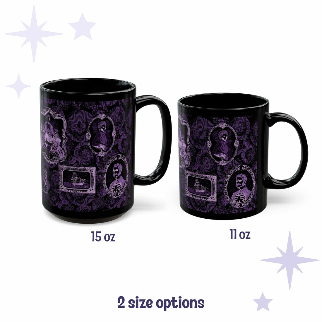 Purple Victorian zombie portrait gallery mug shown in 15 oz and 11 oz sizes side by side
