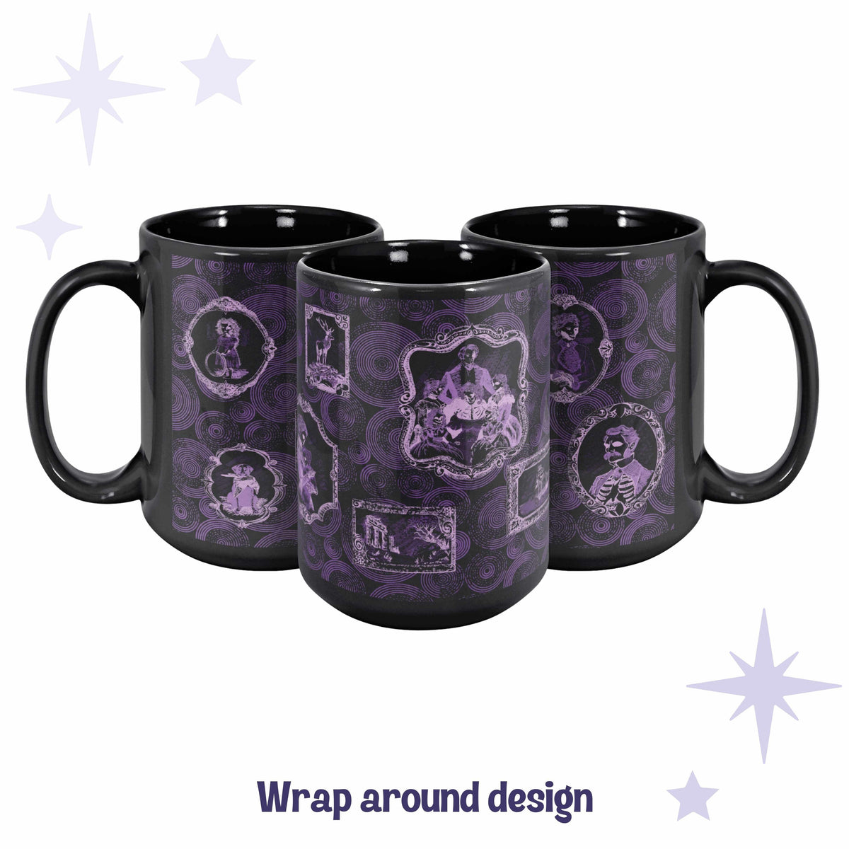 Three black ceramic mugs arranged to show the full wrap around violet Victorian zombie portrait gallery pattern