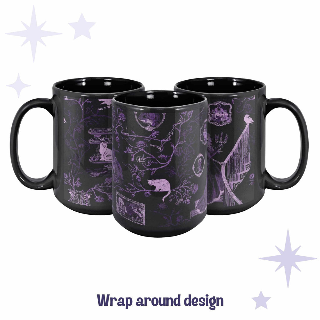 Three black ceramic mugs arranged to show the full wrap around violet Victorian zombie toile pattern