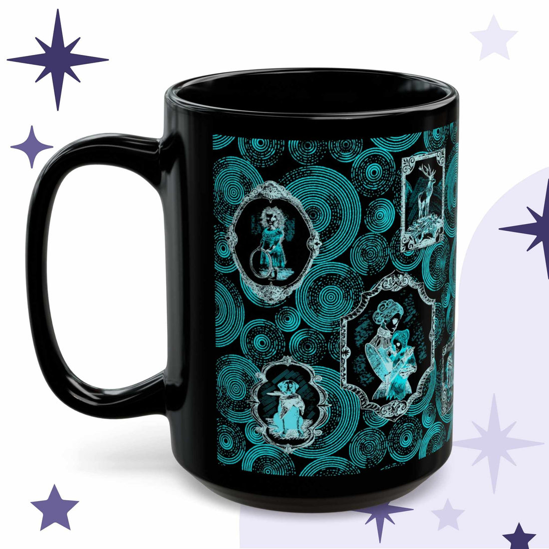 Neon teal zombie portrait gallery mug in black ceramic with Victorian frames holding a child with a hoop, a stag on bones, and a dog with a dead raven