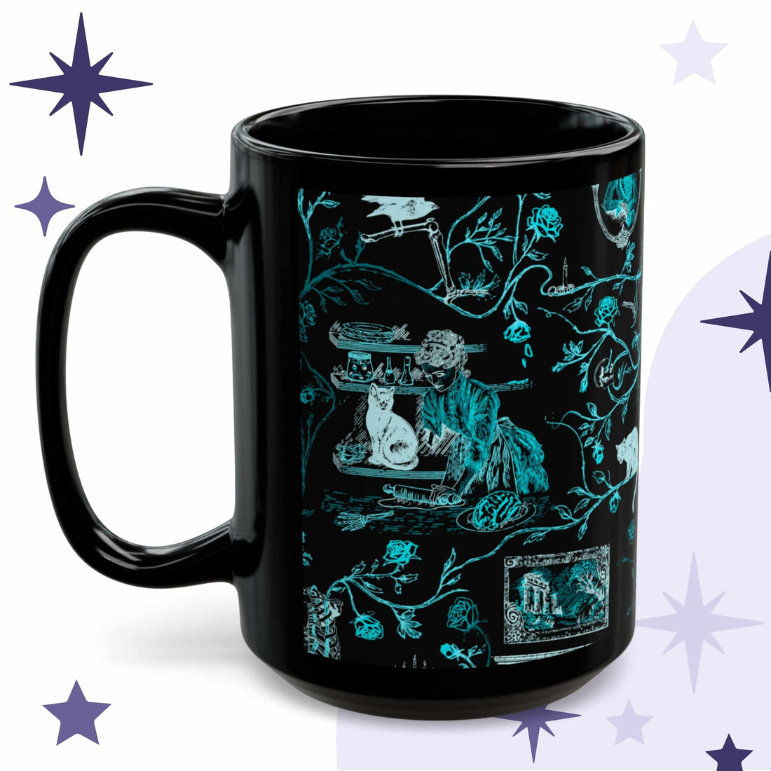 Neon teal zombie toile mug in black ceramic showing an undead hostess at a still room table with a cat, specimen jars, and brains on a plate