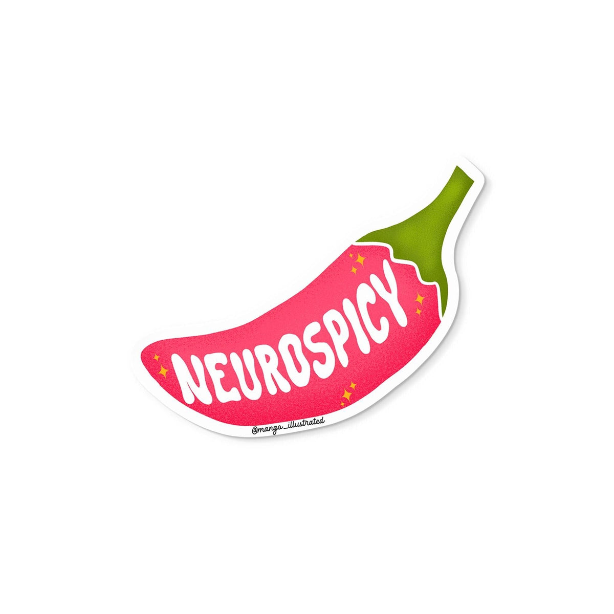 Neurospicy sticker flat lay — waterproof neurodivergent ADHD sticker for laptops and water bottles by indie artist MangoIllustrated