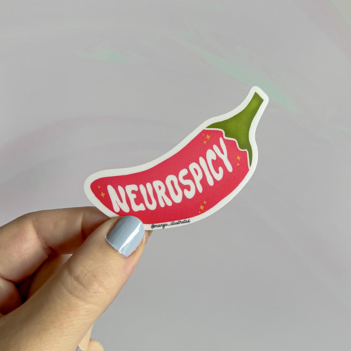 Neurospicy sticker alternate view — weatherproof vinyl AuDHD sticker for planners and journals by indie artist MangoIllustrated