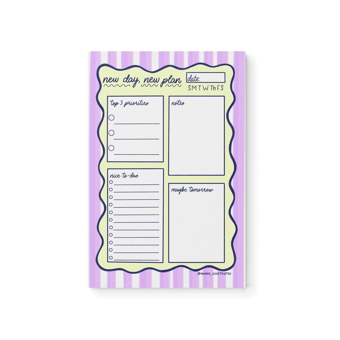 New Day New Plan Daily Planner Notepad — lavender striped daily planner with priority and to-do boxes, 8.5 x 5.5 inches, by MangoIllustrated