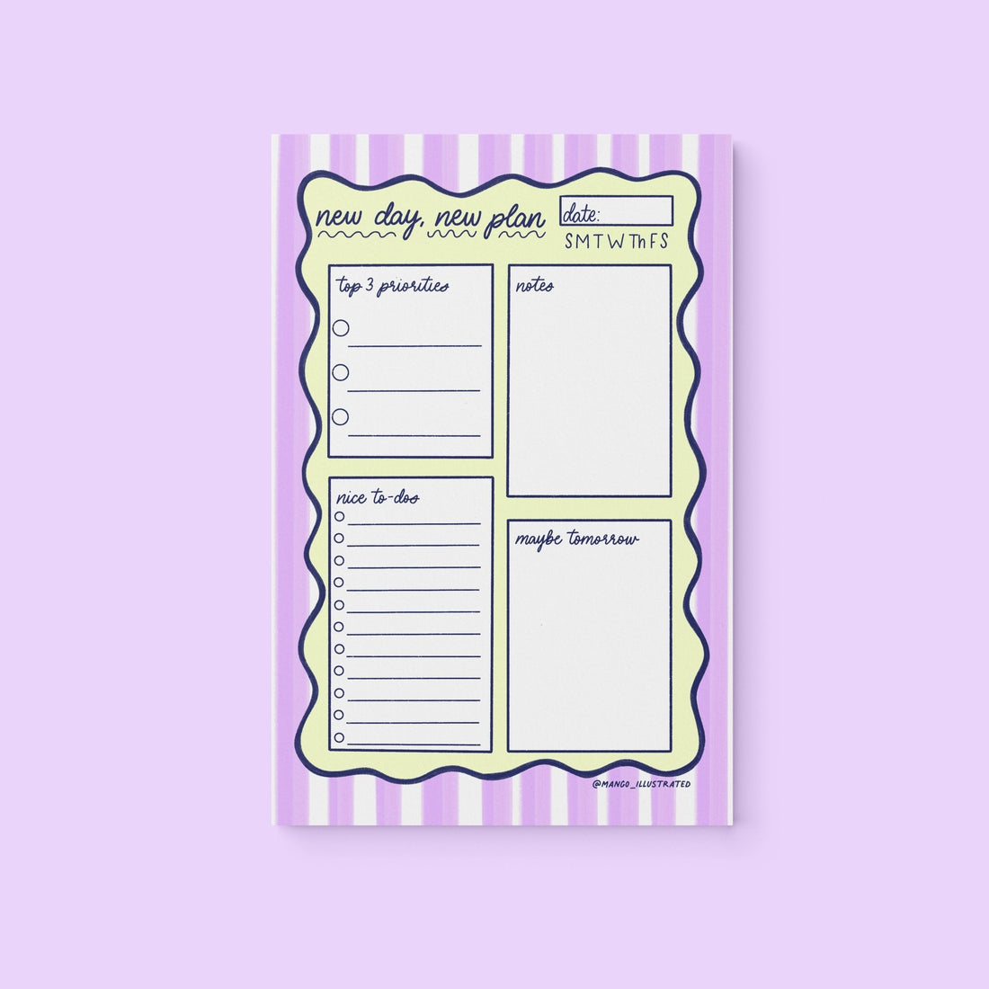 New Day New Plan Daily Planner Notepad flat lay — retro doodle desk planner stationery by indie artist MangoIllustrated