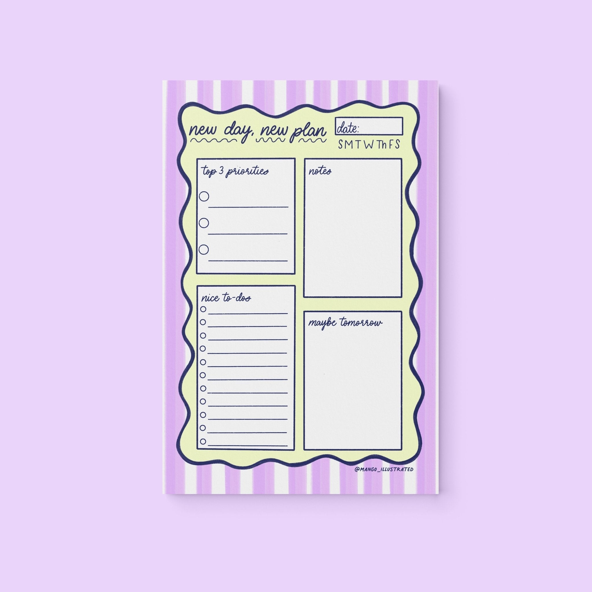 New Day New Plan Daily Planner Notepad flat lay — retro doodle desk planner stationery by indie artist MangoIllustrated