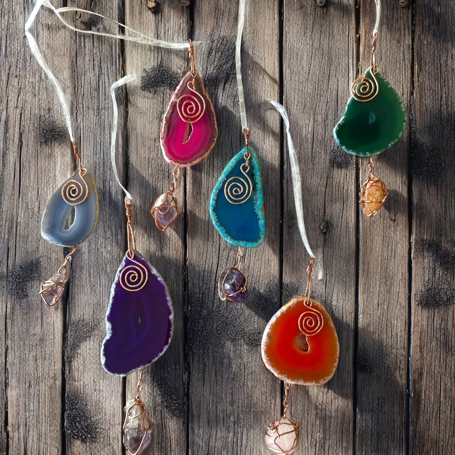 Crystals “Suncatcher”, Copper wrapped Crystals &amp; Agate Hangings