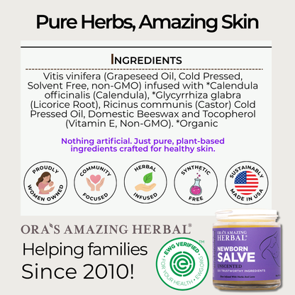 Newborn Salve with ingredient list, branding details and EWG verified logo.
