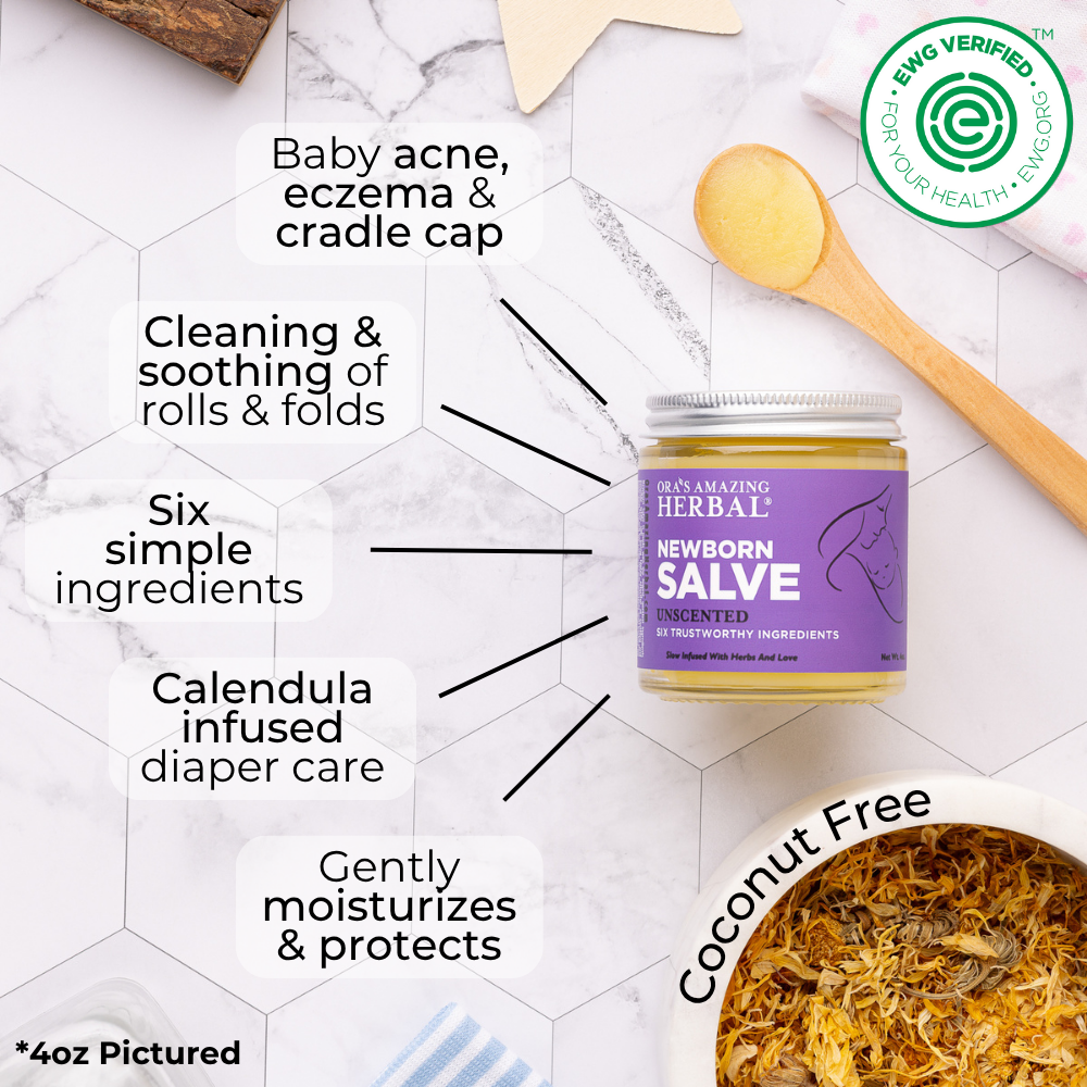 Newborn Salve jar with benefits infographic and EWG verified logo on a marble background.