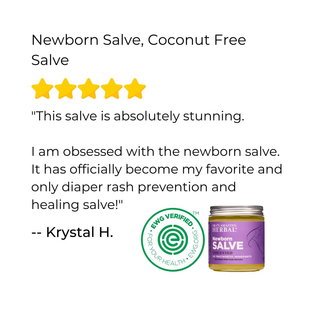 Newborn salve product with customer review and EWG Verified logo on a white background.