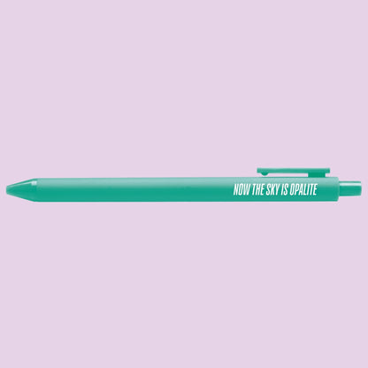 Now The Sky Is Opalite pen detail — teal barrel Showgirl era pen by MangoIllustrated